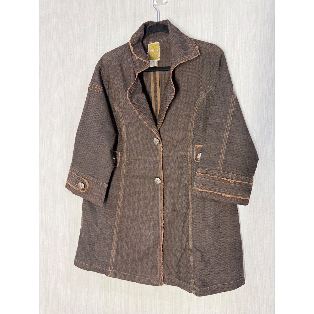 Flashback Brown Textured Raw Edge Longline Jacket Blazer Womens 1X Boho Cotton